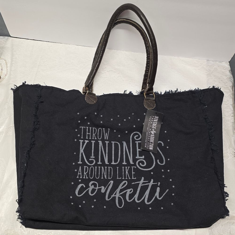 Vintage Addiction Black Canvas Large Tote Bag Throw Kindness NWT Hippie Bohemian